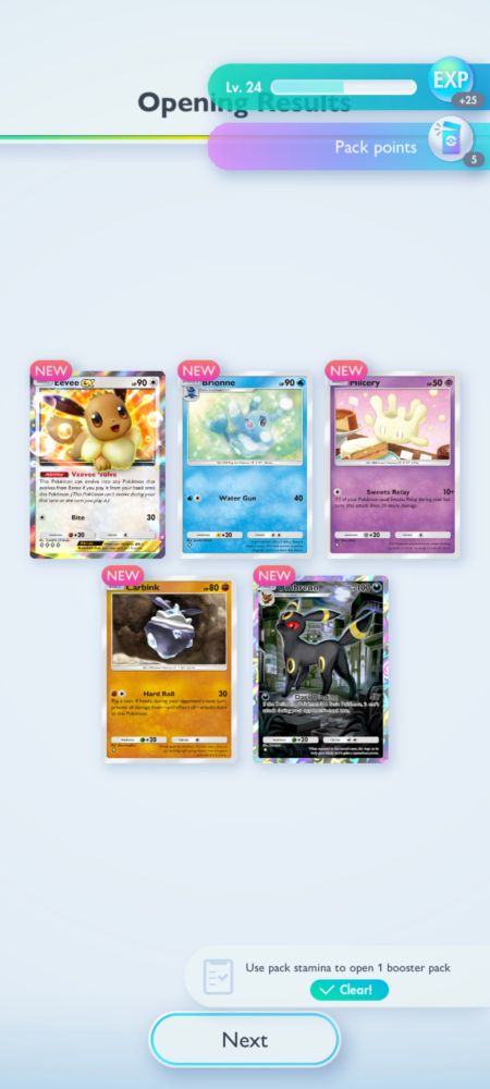 Pokemon tcg pocket screenshot. Features an eevee ex, brionne, milcery, carbink, and umbreon ex. All are from the expansion released on 2025-06-26