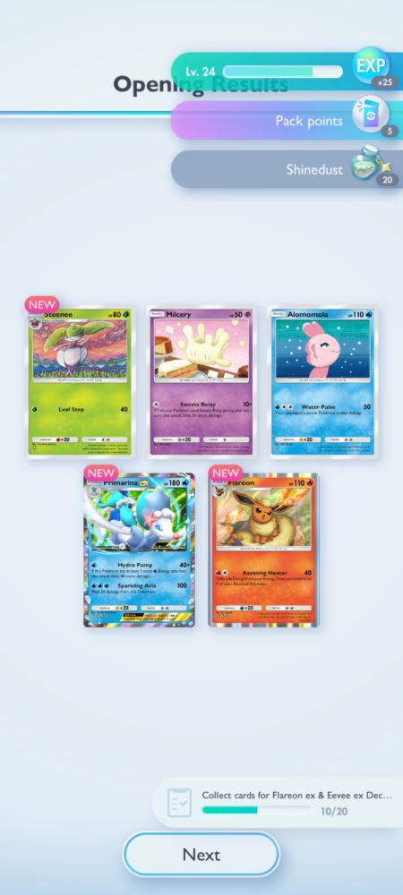 Pokemon tcg pocket pack results. Features stenee, milcery, finneon, primarina ex and flareon. All are from the eveelution expansion released on 2025-06-26
