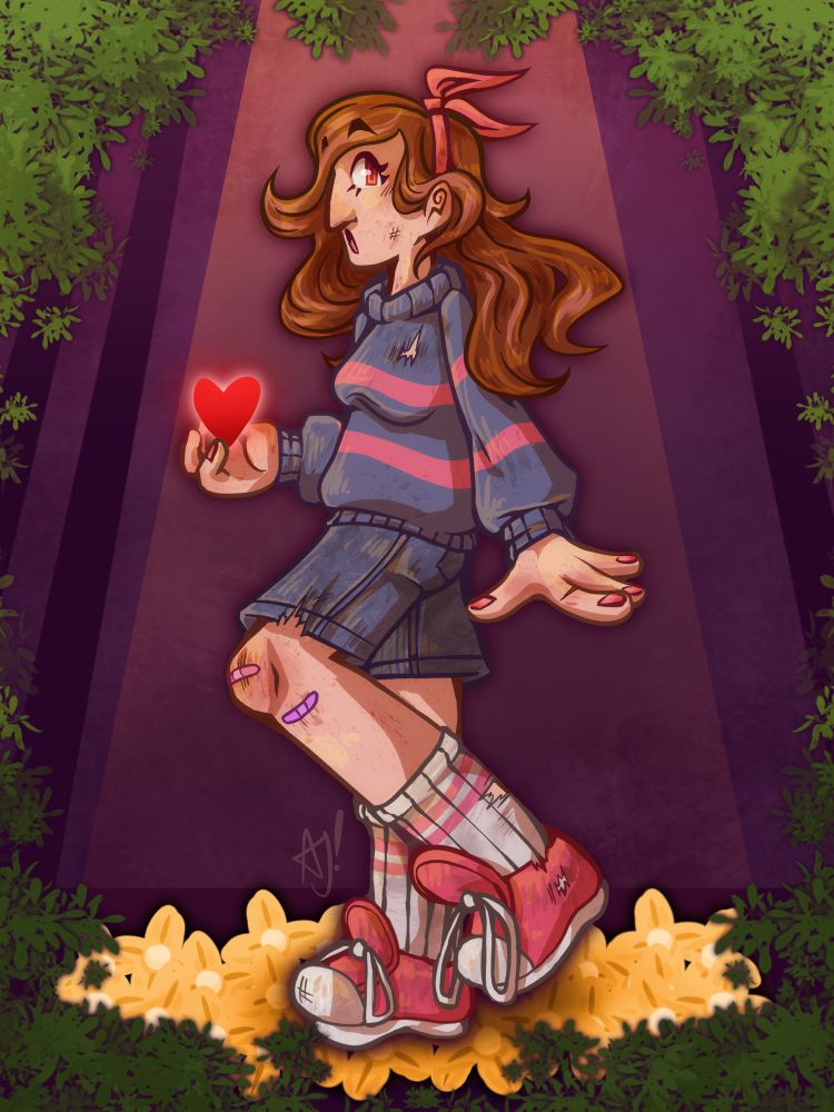 A digital illustration of Snapcube, also known as Penny Parker, as Frisk from Undertale. She is standing on a circle of golden flowers, enveloped in a golden light coming from the surface above the underground. She holds a glowing red heart and has a pink bow in her hair. Green foliage frames the canvas.