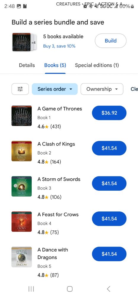 Google Books view of the Song of Ice and Fire audio books. The prices are $36.92 for the first book and $41.54 for subsequent ones.