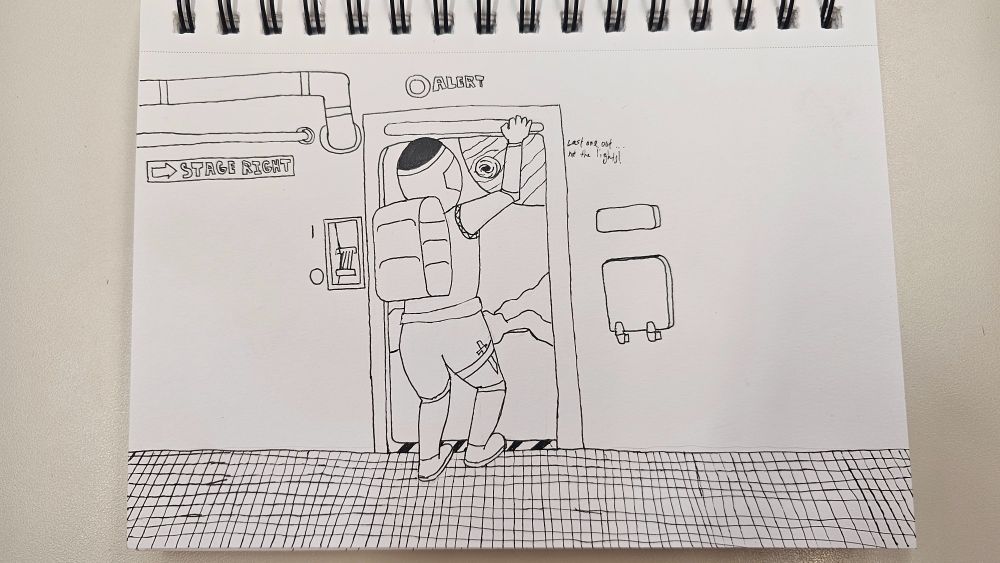 Pen drawing of an astronaut in suit staring out of a dropship's doors at the surface of Europa below. Jupiter and the Great Red Spot are visible in the sky. There is a door control switch visible to the left of the door, and a fold-down seat attached to the wall at right. A holding rail is at left with a sign saying "stage right" [yes, i know it's not correct] pointing at the door. Graffiti at right says "last one out, hit the lights"