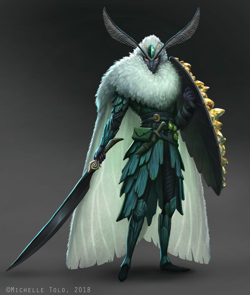 Character design of a winged moth man carrying a sword and shield.
