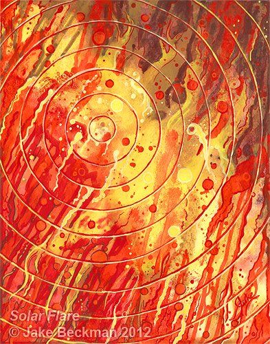 Solar Flare is an abstract painting by Jake Beckman. It features concentric rings, flowing streamers, and bubbles in red yellow and a bit of brown.  