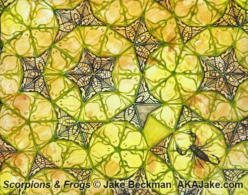 Scorpions & Frogs by Jake Beckman.  A tiling of frogs out lined in green and scorpions outlined in black all on a gold background. A single realistic scorpion sits in the lower right corner.  One of the scorpion tiles is left blank suggesting the scorpion escaped its bounds. One frog is missing as well. 