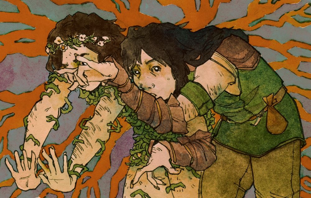 Two similar looking women bunch over and look at the camera. The light reflects strangely from their eyes. The woman in the front covers the other woman's face with her hand. Behind them, orange roots grow outward in all directions.