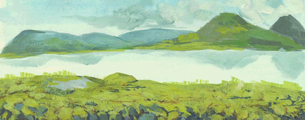 A gouache painting, primarily in green, of a landscape split by a lake. The foreground is a stretch of moss-covered smooth river stones.