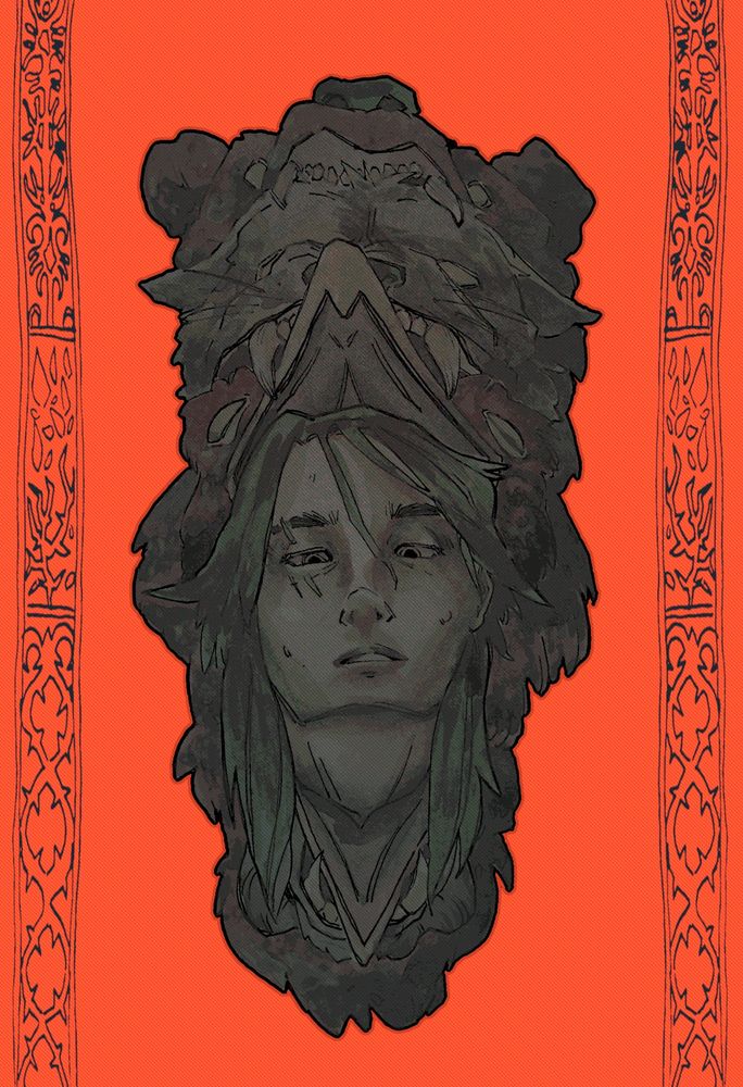 A woman's head stares down at the viewer, engulfed by multiple animals in the following order; bird, cat, bear. A border runs down either side, depicting plants and thorns.