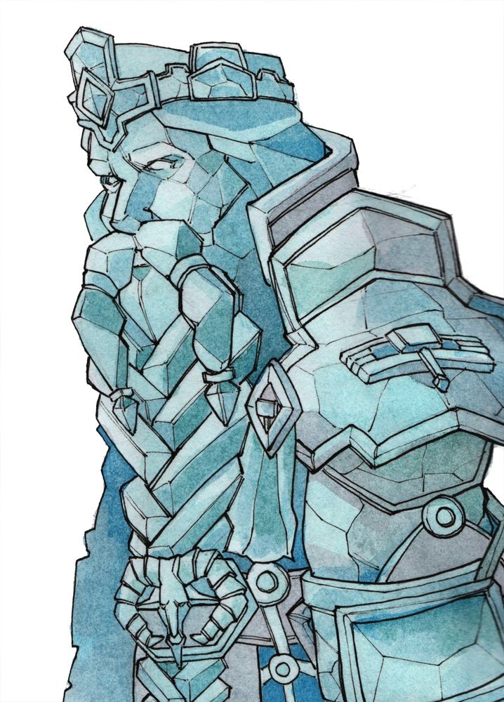 Magni Bronzebeard, a character in World of Warcraft, stares to the left of the image. His body is made out of diamond and the different planes of the material reflect the light.