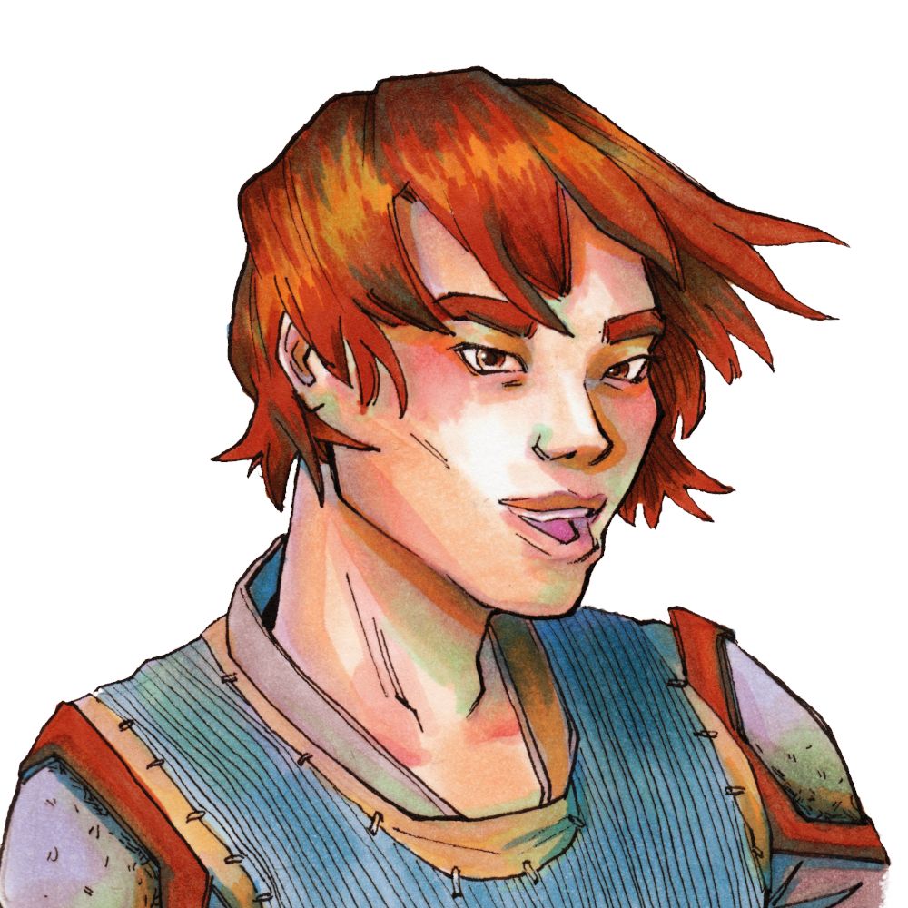 A young asian man with bright red hair, smiling at the camera. He wears a blue surcoat over his armour.