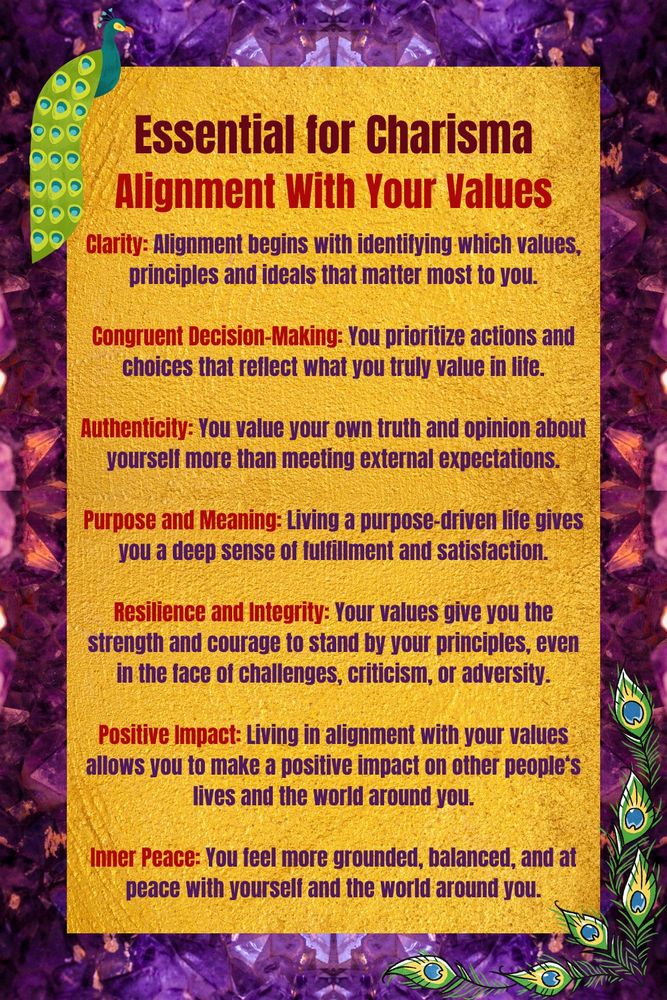 Benefits from living in alignment with your values:
1. Clarity: Alignment begins with identifying which values, principles and ideals that matter most to you.
2. Congruent Decision-Making: You prioritize actions and choices that reflect what you truly value in life.
3. Authenticity: You value your own truth and opinion about yourself more than meeting external expectations.
4. Purpose and Meaning: Living a purpose-driven life gives you a deep sense of fulfillment and satisfaction.
5. Resilience and Integrity: Your values give you the strength and courage to stand by your principles, even in the face of challenges, criticism, or adversity.
6. Positive Impact: Living in alignment with your values allows you to make a positive impact on other people‘s lives and the world around you.
7. Inner Peace: You feel more grounded, balanced, and at peace with yourself and the world around you.