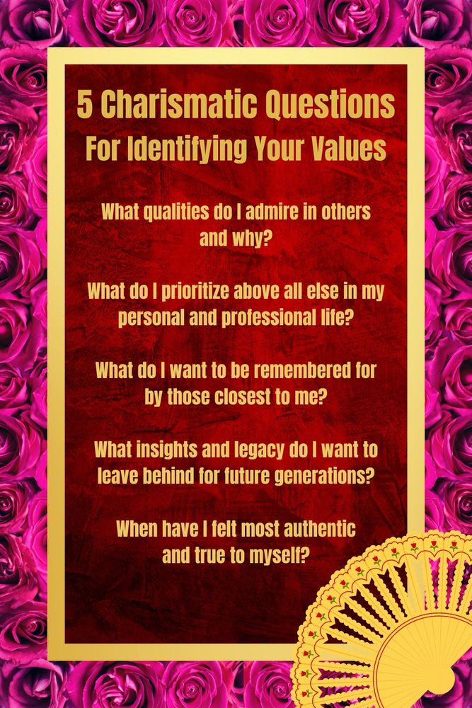 5 Charismatic Questions for Identifying Your Values:

1. What qualities do I admire in others and why?
2. What do I prioritize above all else in my personal and professional life?
3. What do I want to be remembered for by those closest to me?
4. What insights and legacy do I want to leave behind for future generations?
5. When have I felt most authentic and true to myself?
