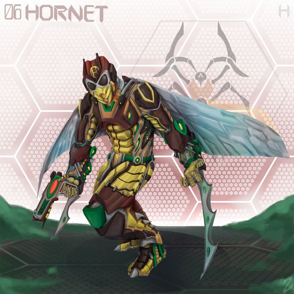 A sci-fi inspired figure with brown and yellow armor, wings and wrist blades. On the background there's an hexagonal pattern and a logo of the fictional "Insect Syndicate"