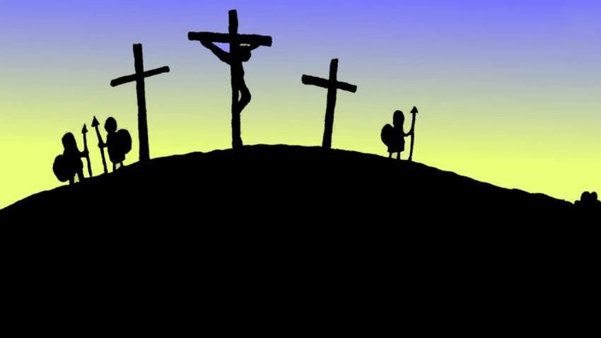 A cartoon of three crosses on a hill. There are some Roman soldiers next to the crosses.