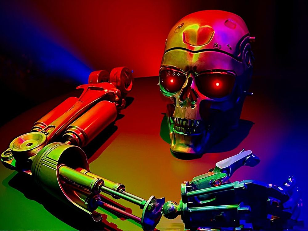 Colorful image of a Terminator skull with glowing red eyes, accompanied by two robotic arms, set against a gradient background of red, green, and blue.