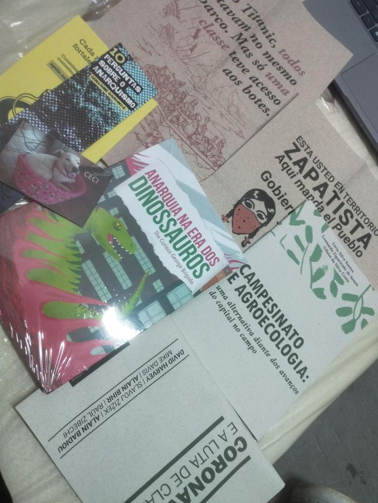 Fotos dos livros Campeonato e Agroecologia, Coronavirus e a Luta de Classes (Terra sem amos) e Anarquia na Era dos Dinossauros (Monstro dos Mares), e brindes.