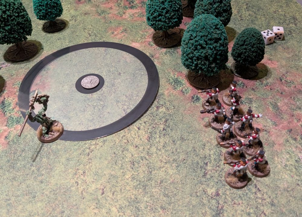 A squad of Apraxians, all in base contact in some open ground near a forest.