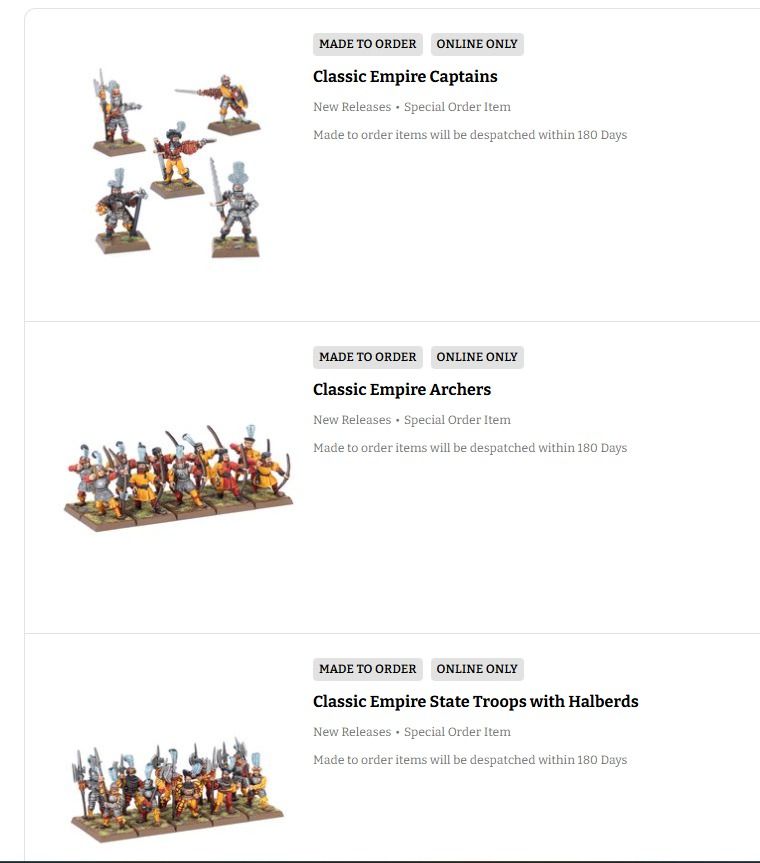 A screenshot of a cart from the Warhammer online store, showing classic Empire archers and State Troops, along with a pack of captain models.  