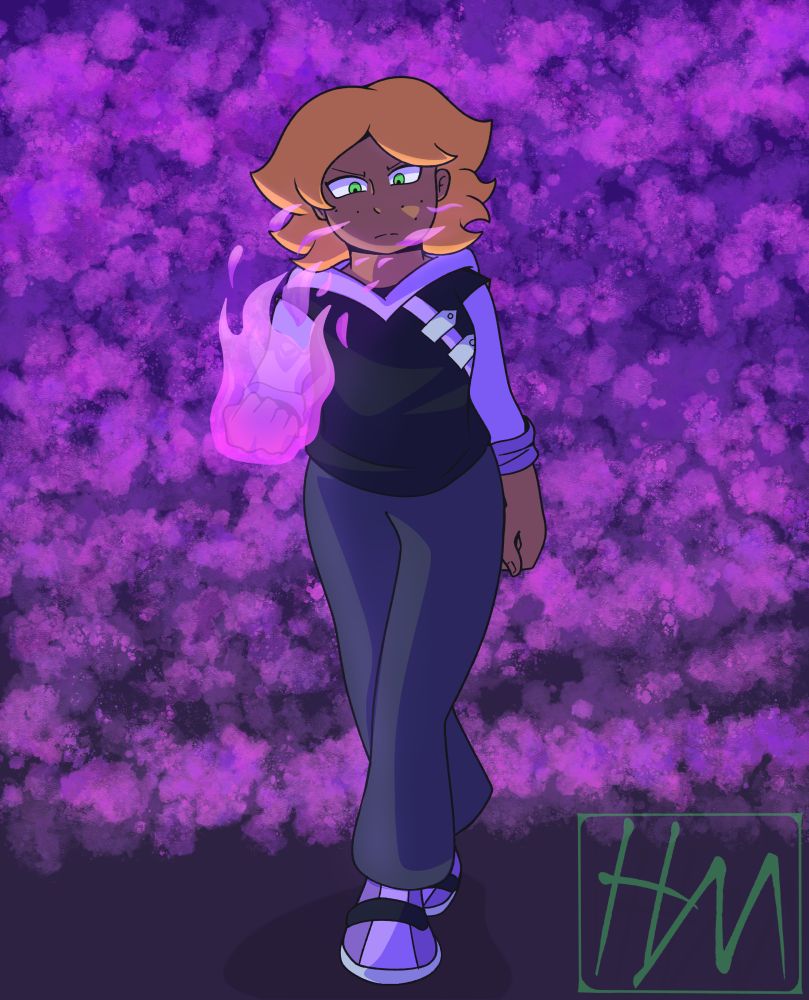My OC Maya walking foreword with a purple energy enveloping her right fist. The background is also bathed in the purple haze.