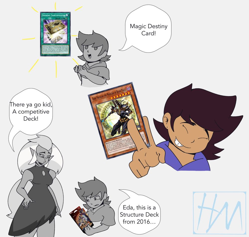 Luz receiving her ace cards Shining Sarcophagus and Dark Magician: MOBM. Eda digs a deck of starter cards out for her, but they’re a bit dated…