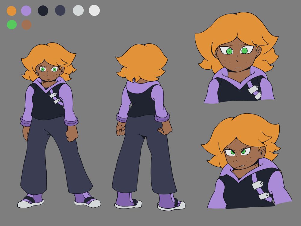 The Character Design of Maya. She has dirty orange hair, is clad in a black vest, with a purple hoodie underneath. Most expressions are neutral.