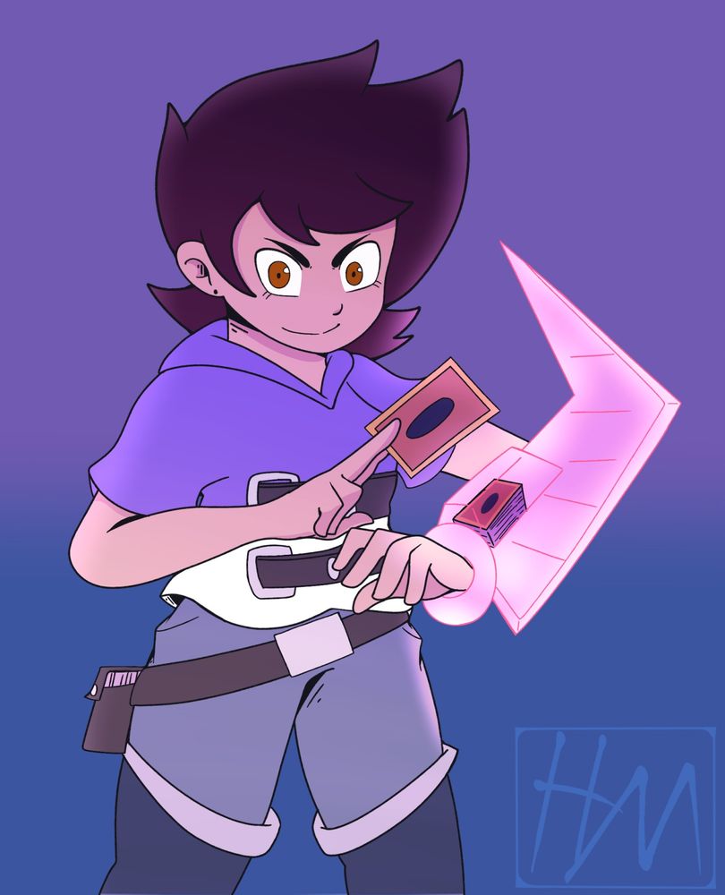 Luz Noceda from The Owl House, using a Magic Duel Disk, drawing from her deck of Yu-Gi-Oh cards.