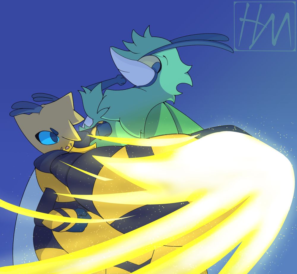 Cyn Davila Chase’s OCs Hazel and Beatrice striking a cool pose together. Lighting effects bathe Beatrice’s fist as she performs a jab.