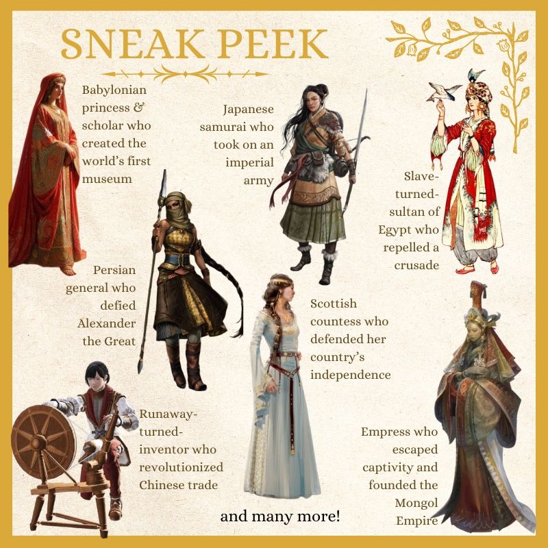 Illustrated full figures of young women from various cultures accompanied by text briefly describing their significance 