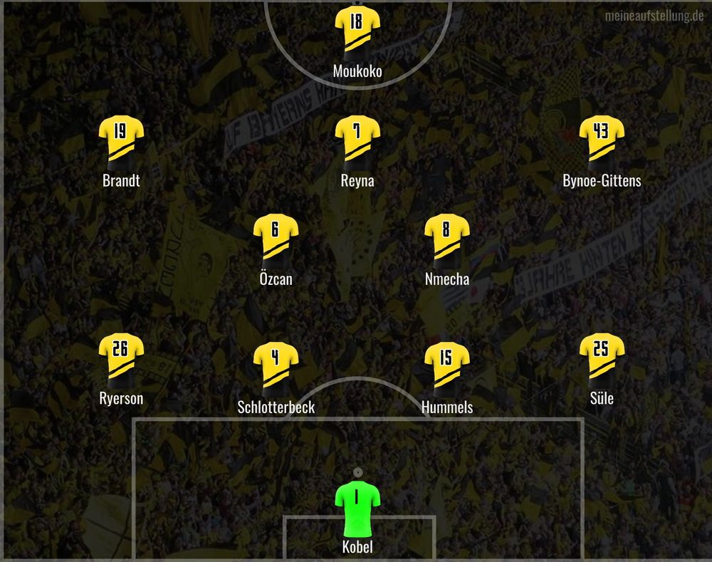 Aufstellung im 4-5-1: Kobel - Ryerson, Schlotterbeck, Hummels, Süle - Özcan, Nmecha - Brandt, Reyna, Bynoe-Gittens - Moukoko