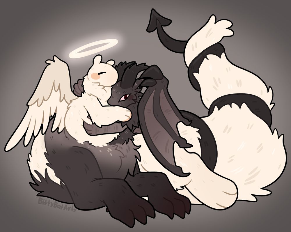 A drawing of a large taur-like character, which is half angel, and half devil. They have two upper torsos, one a fluffy cream angel, and the other a fluffy, black, horned devil. Their front limbs are black and clawed, their back limbs are white and soft, and their tail is large and fluffy, with a black devil's tail wound around it snugly.