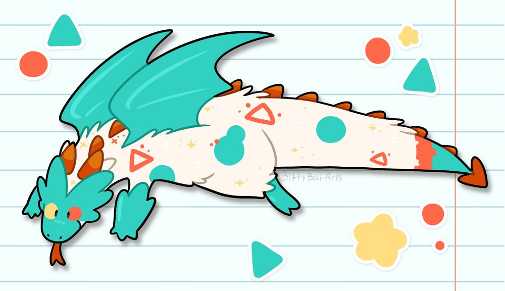 A drawing of a teal and white dragon, with red spikes, red and yellow patterns, a teal face, teal wings, and teal paws. The background resembles a piece of lined notebook paper with stickers on it