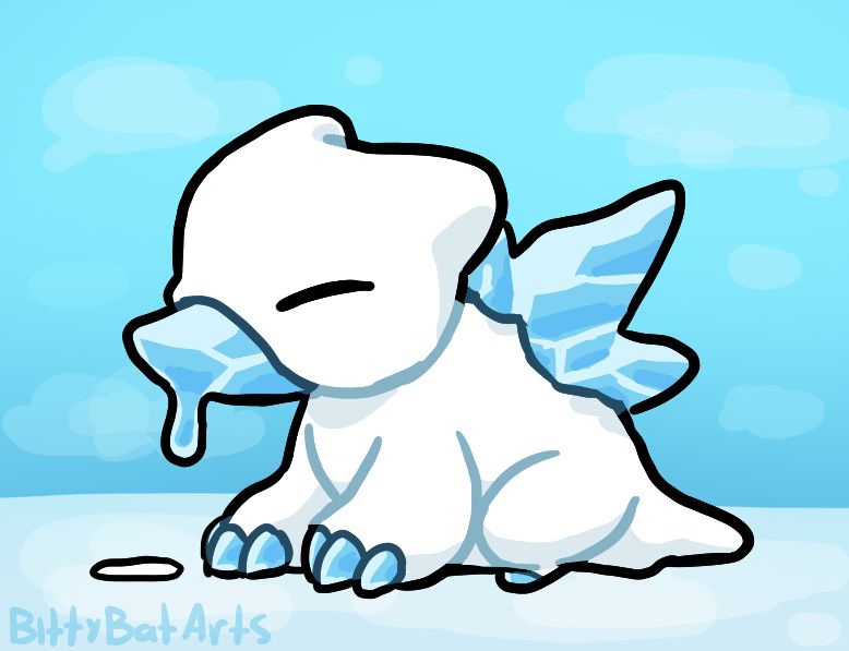 A drawing of a fusion between the digimon, Hiyarimon, and the pokemon, Cyndaquil. It resembles a small creature made of snow with claws, ice spikes, and a beak-like snout made of ice. The ice spikes on its back resemble the fire spout on cyndaquil's back.