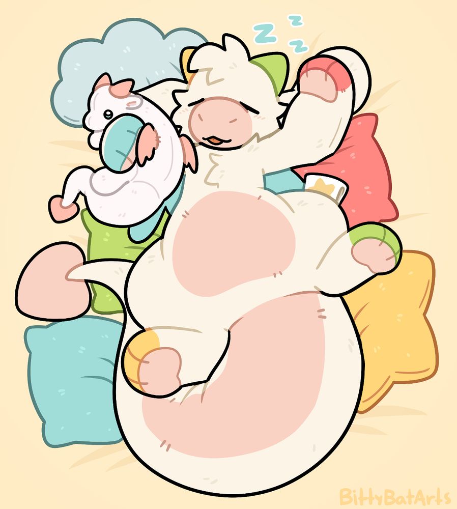 A drawing of a cream and pink anthropomorphic plush dragon, with yellow and green horns, blue wings, and one blue, one red, one yellow, and one green paw. They are sprawled on their back, asleep on a pile of pillows, and holding a white and pink plush dragon in one arm.