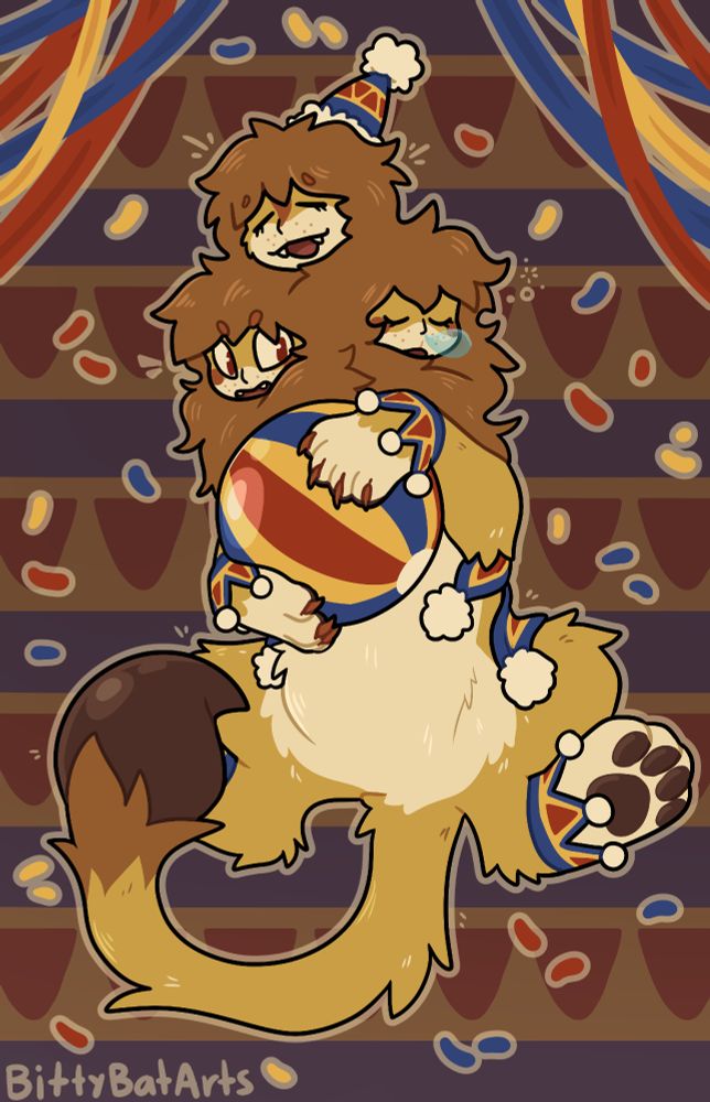 A drawing of a three headed lion-like chimera with a scorpion stinger on the end of his tail. His three heads are somewhat humanoid, but furred, with patterns resembling simple clown makeup. He has tassles on his paws and back, and a small clown hat, all decorated in stripes and triangles of red, yellow, and blue. He is holding a ball in his front paws colored the same as his clothing. The top head is happy, the bottom left head is looking to the right, annoyed, and the bottom right head is asleep. The background is red, yellow, and blue, with the same pattern as his hat, but darker in color so that he stands out against it. There is blue yellow and red confetti and streamers around him.