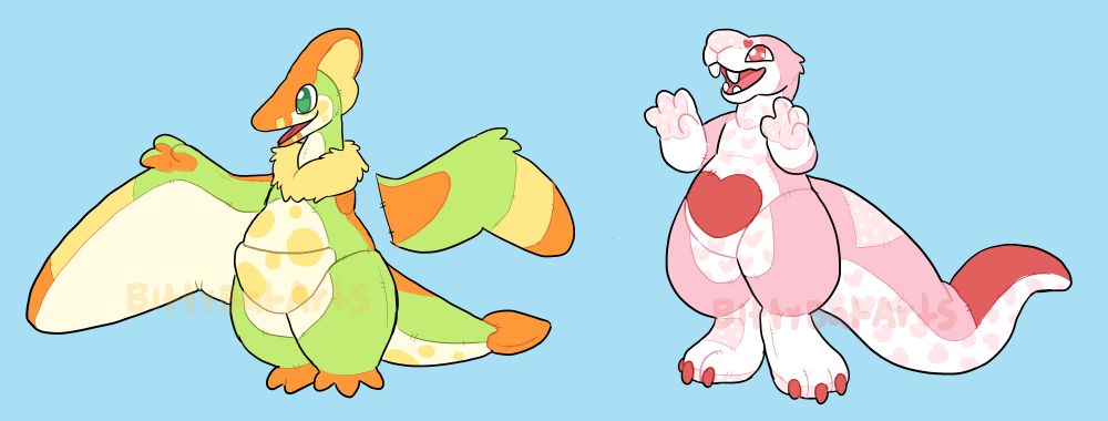 Two designs of anthropomorphic plush creatures. The first is an orange, yellow, and green plush pterosaur, with a white and yellow spotted belly and pouch, the spots resembling a cartoon egg. The second is a pink Gorgonopsid covered in heart patterned and polka dot fabric patches, with a huge heart patch on their belly.