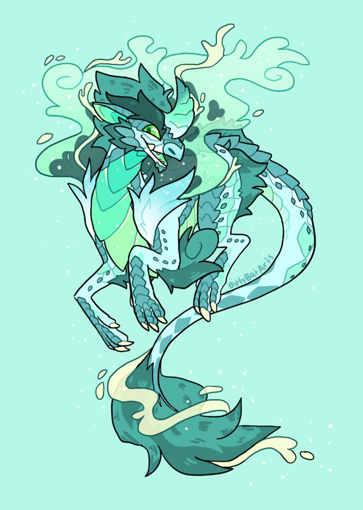 A drawing of a blue, green, and teal Cirrus from Flight Rising, with Jester primary, Roan secondary, and Topscale Tertiary