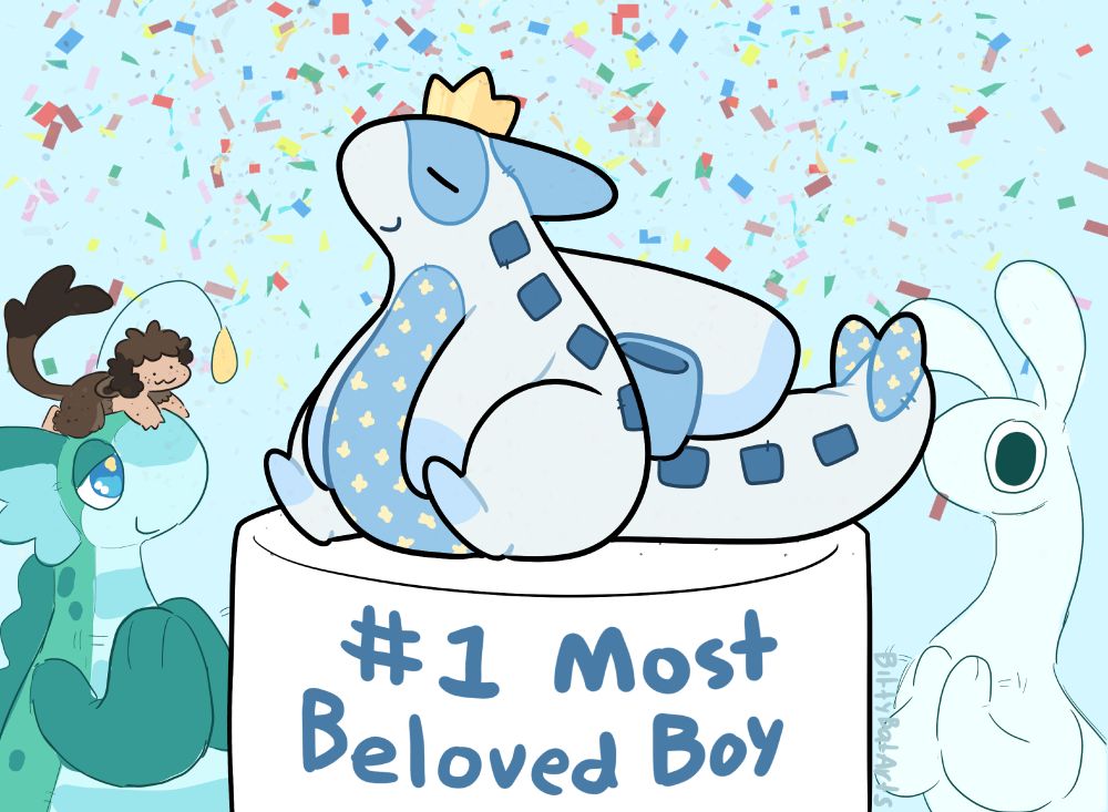 a drawing of a plush blue and white anthropomorphic plane dragon on a white pedestal with the text '#1 most beloved boy' on it. behind him his a plush green and blue sea monster, a white mostly featurless creature, and a half human half mouse-thing sitting on the sea monster's head