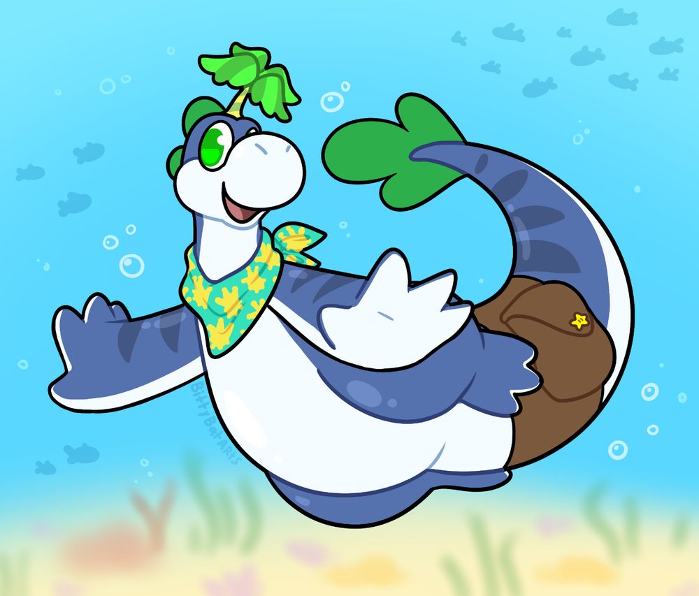A drawing of a navy blue and green plessie with a pianta tree on his head. He is posed in an underwater scene, with a blurred sea floor below him, and he is wearing a teal shine sprite bandanna and a bag attached to his tail.