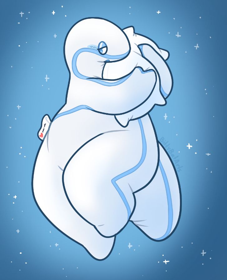 a drawing of a white and light blue anthropomorphic pillow. They are hugging a smaller, non-anthropomorphic pillow, and looking off to the side sleepily. The background is blue and full of sparkles
