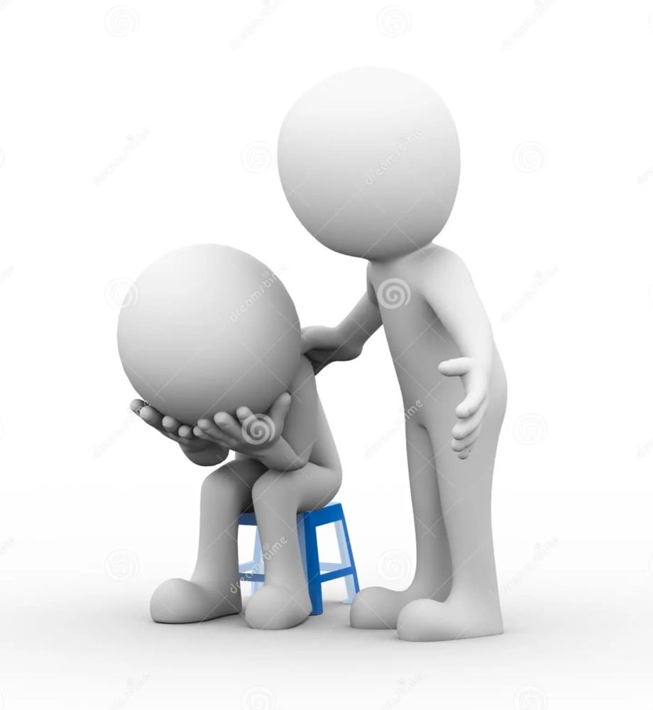 A nondescript little guy with a massive noggin is sitting on a blue stool with their head in their hands while another nondescript little guy with a massive noggin puts their hand on the seated one's shoulder. Its other hand is pulled back like it's about to slap the shit out of the first one but idk for sure