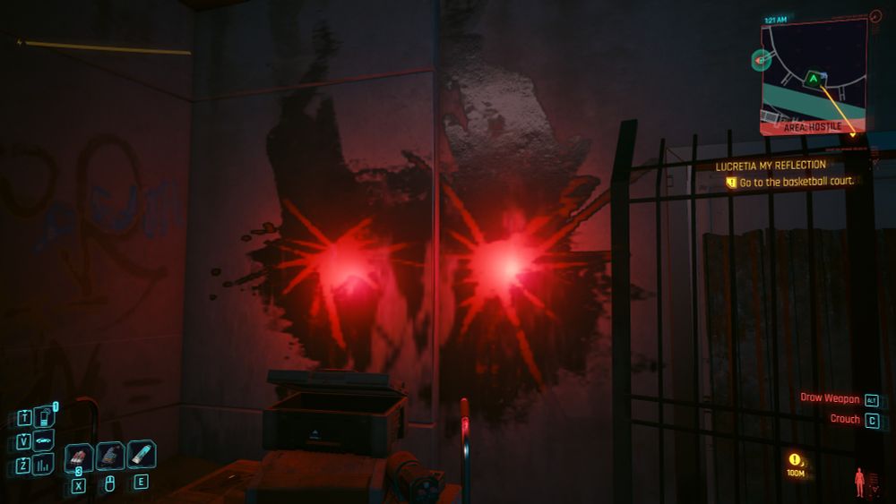 a screenshot of cyberpunk 2077 and its ingame UI. most of the image is occupied by a wall with an open collectibles box next to it and a fence to the right side, on which wall is painted a black silhouette of a horned devil being with glowing red eyes that are giving off light, presumably via a hologram.