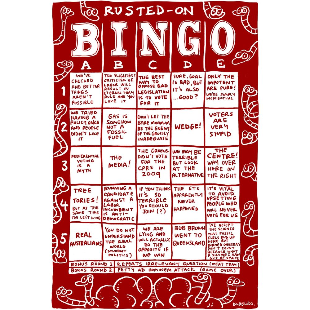 "Rusted on Bingo" A collection of things ALP apologists say to defect attention from their own failings. Credit to https://www.kudelkashop.com/product/rusted-on-bingo-tea-towel/684