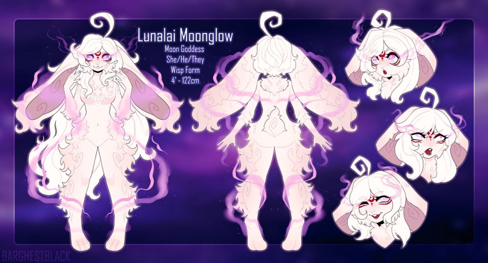The Reference Sheet of Lunalai Moonglow in her Moonlit Wisp form. She is a light purple almost pink anthropomorphic rabbit with light purple magic swirling around her. It features her front, back, and some expressions on a purple background.