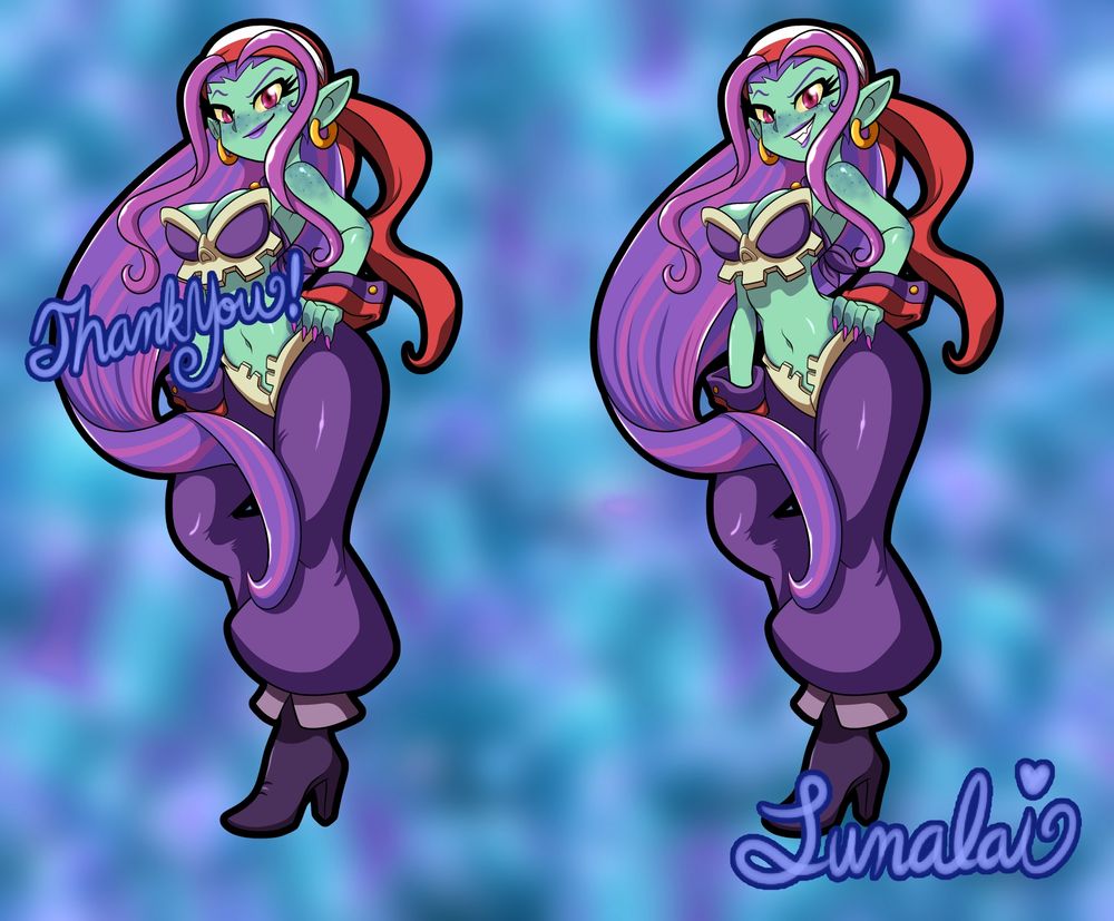 Two images of Speedy Cocodri in humanoid form dressed like Risky Boots from Shantae. These are meant to be a png reactive.
