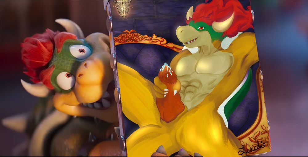 an image of Bowser holding a painting of himself lounging on a fancy loveseat, looking at the viewer, and holding his dick as it drips.