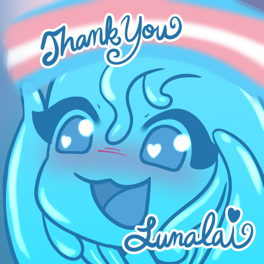 a blue jelly person holding a trans rainbow over their head and smiling