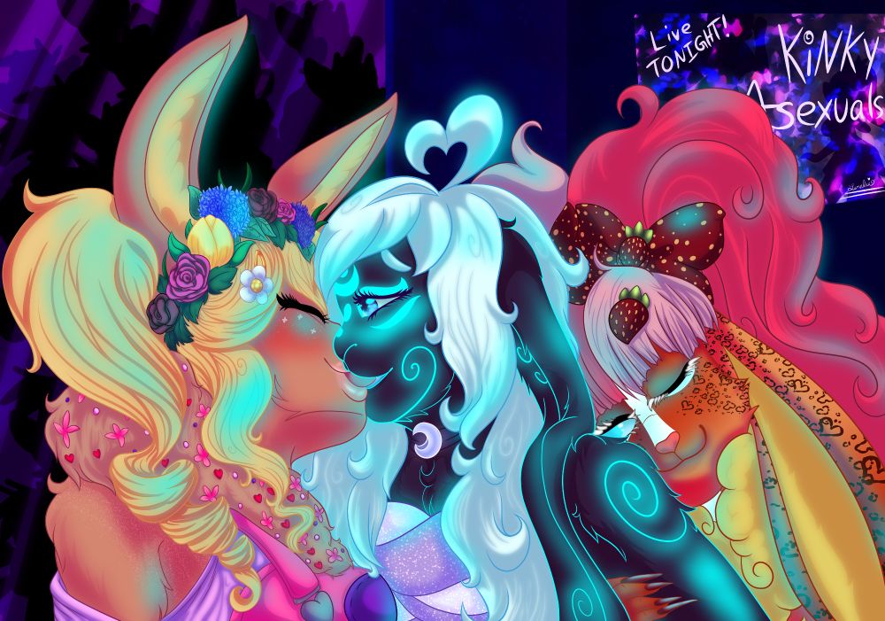 Three Anthropomorphic Bunnies in a club, the left and middle bunny are kissing, while the bunny on the right is holding onto the middle's arm. 

The Left Bunny is T.J. or Truffle Jam, a tan bunny with blonde hair in curls, wearing a flower crown and wearing pink overalls. The middle bunny is Lunalai Moonglow in their eclipsed form, glowing cyan. The Right Bunny is Pookie, a Gyaru styled orange and yellow bunny with curly pink hair. Their hair is half light pink, and half hot pink. 

TJ is owned by Porcbuns
Pookie is owned by GiznizzleGrumplemyre
Lunalai Moonglow is owned by Lunalai Moonglow