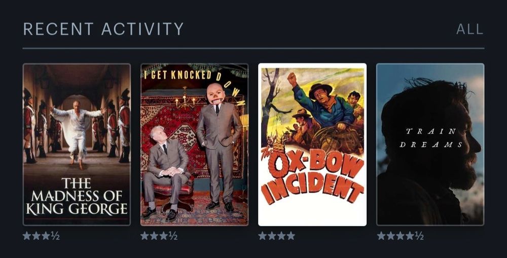 The Madness of King George ***1/2
I Get Knocked Down ***1/2
Ox-bow Incident ****
Train Dreams ****1/2