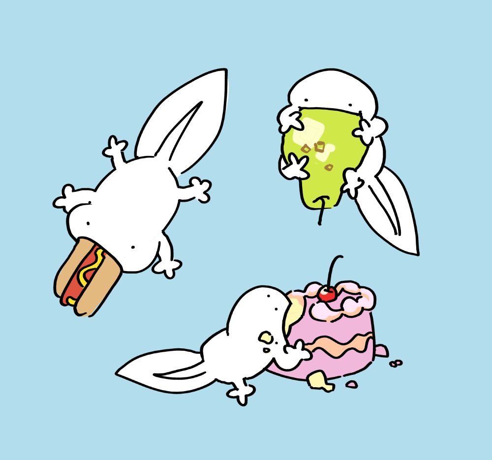 Three drawings of a white tadpole like creature with 4 legs. It eats various foods with it's wide mouth. A hot dog, a pink cake, and a green pear.