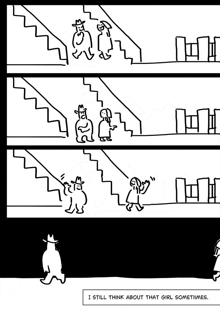 Panel 1: The two walking together down the stairs.
Panel 2: The two looking at each other and pointing in opposite directions at the bottom of the steps.
Panel 3: Waving goodbye and smiling, walking in the ways they pointed.
Panel 4: Pim's back as they walk away. The girl is on the other side, the edge of her can be seen exiting the page.
Text: I still think about that girl sometimes.