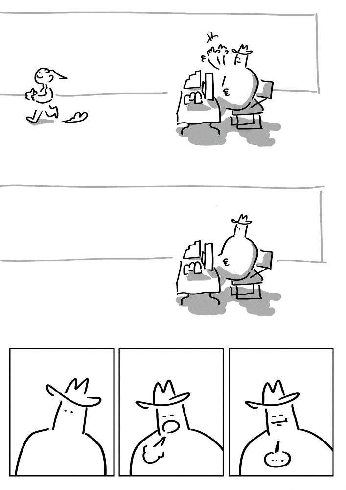 Panel 1: The girl with the sticker smiling and walking away from the booth. Pim smiles and waves.
Panel 2: Pim alone at their booth.
Panel 3-5: Pim sighs and makes their mouth flat. A speech bubble reads, "..."